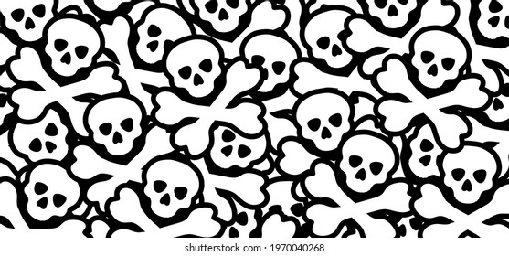 Scary, cartoon style pirate skull. The skull and crossbones symbol. Vector bones seamless pattern. For happy halloween party, rib, dead, horror, skeleton. Squint and crossbones. Hazard symbol.