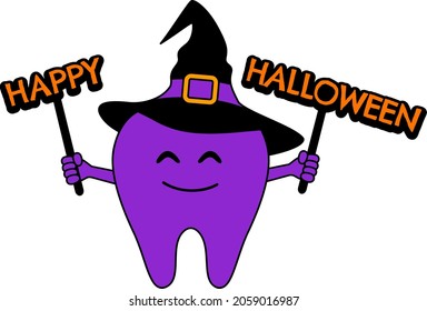 Scary cartoon witch tooth character holding a sign. Happy halloween concept. Vector illustration.
