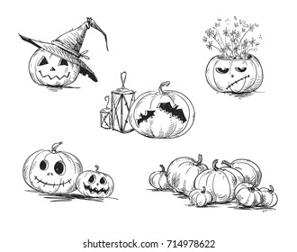 Scary carved Halloween pumpkins. Hand drawn.