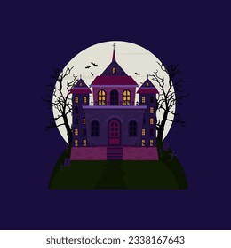 Scary castle house with a cemetery on the background of a full moon. Halloween house. Vector illustration.