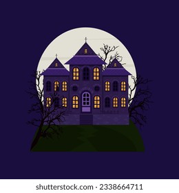 Scary castle house with a cemetery on the background of a full moon. Halloween house. Vector illustration.