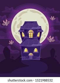 scary castle with moon in cemetery scene vector illustration design