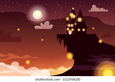 scary castle with moon in scene of halloween vector illustration design