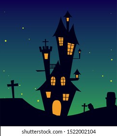 scary castle with moon in scene of halloween vector illustration design