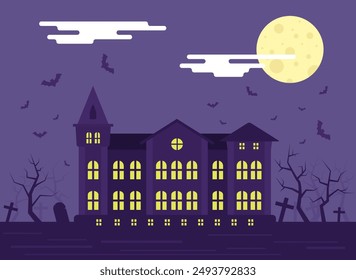 Scary Castle at Night Flat. National seasonal holiday concept vector