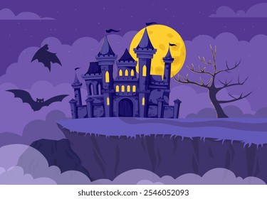 Scary castle at night. Silhouette of ancient building at cliff. Black bats in night and evening. Symbol of Halloween. Holiday of fear and horror. Imagination and fantasy. Flat vector illustration