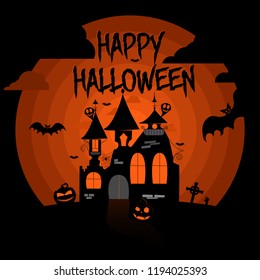 Scary castle on the background of the orange moon. Halloween celebration.