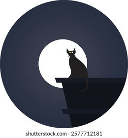 A scary cat at moon lit night vector illustration. Halloween poster for book illustration, bag, placard, banner design.