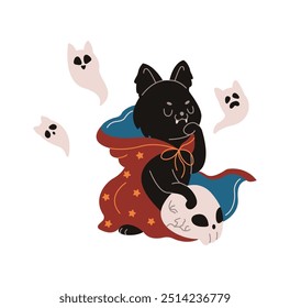 Scary cat necromancer with skull and spirits flat color vector illustration. Animal casting spells Halloween character icon on white background