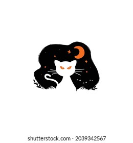 Scary Cat Night Creepy Horror Abstract Mark Pictorial Emblem Logo Symbol Iconic Creative Modern Minimal Editable in Vector Format