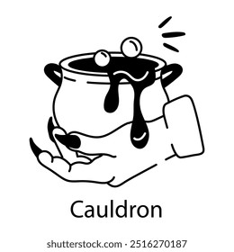 Um caldeirão assustador de bruxa, ícone estilo rabiscar 