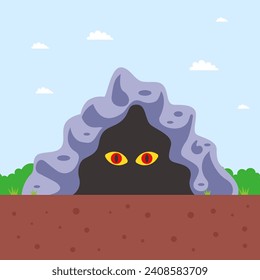 scary cave with a predatory animal. flat vector illustration.