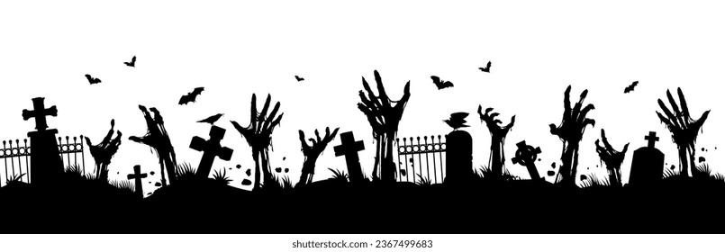 Scary cemetery landscape, zombie hand silhouettes. Vector creepy graveyard with monster arms stick up from the tombs, crows sitting on fence, black necropolis with undead creatures on white background