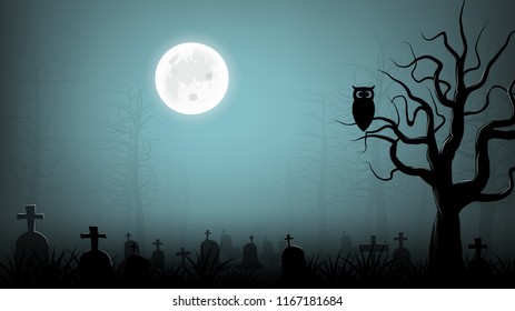 Scary Cemetery With Owl On Die Tree  Background