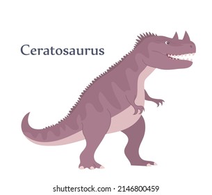 Scary Ceratosaurus. Ancient Lizard. Predatory Dinosaur Hunter Of The Jurassic Period. Vector Cartoon Illustration Isolated On A White Background