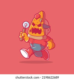 Scary character running with a pizza mask vector illustration. Brand, movies, scary design concept.
