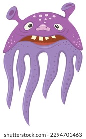 Scary cheerful cute dangerous purple monster. Vector image.
