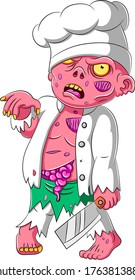 Scary chef zombie standing and holding knife of illustration