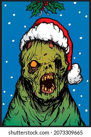 scary Christmas card zombie green monster in a red hat vector illustration