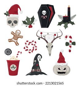 Scary Christmas elements collection. Hand drawn gothic skulls, pumpkin in a hat, candies, and others. Spooky vector illustrations. Isolated on white background.