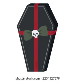 Scary Christmas illustration. Hand drawn black coffin present with ribbon and bow. Spooky vector illustration. Isolated on white background.