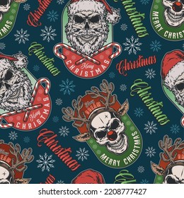 Scary Christmas pattern seamless vintage colorful with skulls of New Year deer and Santa Claus with candies vector illustration