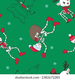 Scary Christmas seamless pattern. Cute Santa skeleton, deer skeleton and scary Christmas tree. Horror Christmas background. Print for textile or paper.