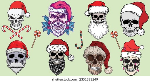 Scary Christmas Skulls with Santa Hat and Candies for Designers and Christmas Lovers Set