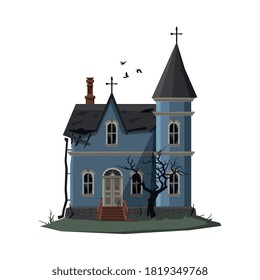 Scary Church Building, Halloween Haunted House with Crosses on Top of Roof Vector Illustration on White Background