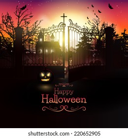 Scary church and graveyard in the woods - Halloween greeting card