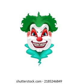 Cara monstruo de circo asustado con peluca verde aislada personaje de caricatura. Vector de payaso malvado con dientes afilados, monstruo espeluznante de la festividad de Halloween con nariz roja, criatura espeluznante con expresión de cara furiosa