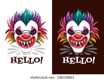 Scary Circus Print. Creepy Clown Mask On The Black And Whitr Background. Vector Angry Face, Vector Halloween Illustration.