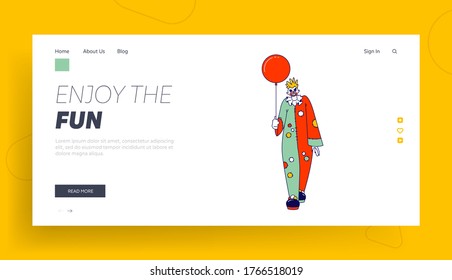 Scary Clown with Balloon Landing Page Template. Male Animator Wearing Funster Costume in Patches, Wig, Red Nose and Creepy Face. Halloween It Movie Character, Freak, Horror. Linear Vector Illustration