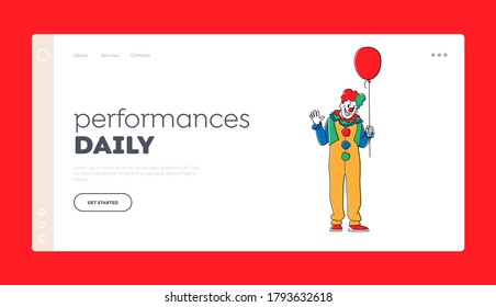 Scary Clown with Balloon Landing Page Template. Male Animator Wearing Funster Costume with Pompons, Wig, Red Nose and Creepy Face. Halloween Character, Freak, Horror. Linear Vector Illustration