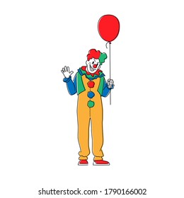 Scary Clown with Balloon. Male Animator Wearing Funster Costume with Pompons, Wig, Red Nose and Creepy Face Isolated on White Background. Halloween Character, Freak, Horror. Linear Vector Illustration