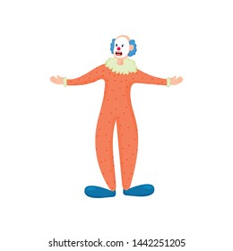 Scary clown with blue hair, red lips and orange clothes