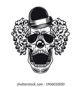 Scary clown emblem design. Monochrome element with skull in top hat vector illustration. Horror and evil concept for symbols or tattoo templates