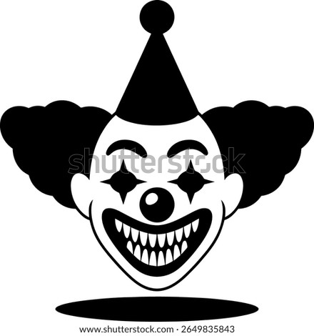Scary clown face with big teeth and star eyes silhouette