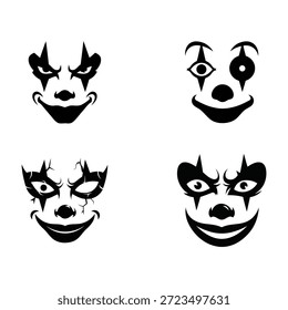 Silhuetas de vetor de rosto de palhaço assustador. Conjunto de máscaras do coringa sinistro. Ícones de tatuagem de bobo malvado. Logótipos de estêncil de horror de Halloween