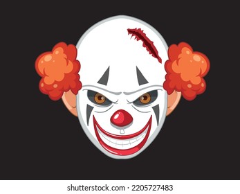 A scary clown has a wound on his forehead