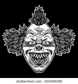 Scary clown head concept of circus horror film character. Laughing angry insane joker head, front face of horror and crazy maniac. Evil smiling character. Blackwork adult flesh tattoo concept. Vector.