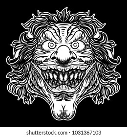 Scary clown head concept of circus horror film character. Laughing angry insane joker head, front face of horror and crazy maniac. Evil smiling character. Blackwork adult flesh tattoo concept. Vector.