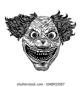 Scary clown head concept of circus horror film character. Laughing angry insane joker head, front face of horror and crazy maniac. Evil smiling character. Blackwork adult flesh tattoo concept. Vector.