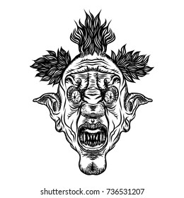 Scary clown head concept of circus horror film character. Laughing angry insane joker head, front face of horror and crazy maniac. Evil smiling character. Blackwork adult flesh tattoo concept. Vector.