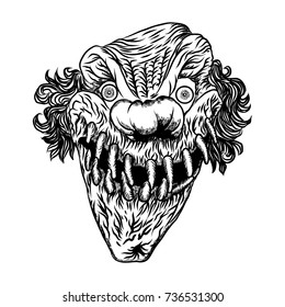 Scary clown head concept of circus horror film character. Laughing angry insane joker head, front face of horror and crazy maniac. Evil smiling character. Blackwork adult flesh tattoo concept. Vector.