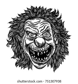 Scary clown head concept of circus horror film character. Laughing angry insane joker head, front face of horror and crazy maniac. Evil smiling character. Blackwork adult flesh tattoo concept. Vector.