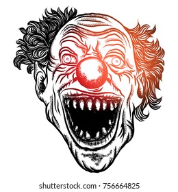 Scary clown head concept of circus horror film character. Laughing angry insane joker head, front face of horror and crazy maniac. Evil smiling character. Blackwork adult flesh tattoo concept. Vector.