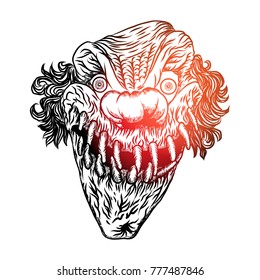 Scary clown head concept of circus horror film character. Laughing angry insane joker head, front face of horror and crazy maniac. Evil smiling character. Blackwork adult flesh tattoo concept. Vector.