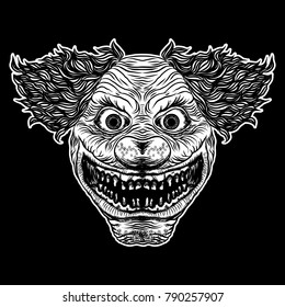 Scary clown head concept of circus horror film character. Laughing angry insane joker head, front face of horror and crazy maniac. Evil smiling character. Blackwork adult flesh tattoo concept. Vector.