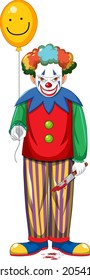 Scary clown holding balloon on white background illustration